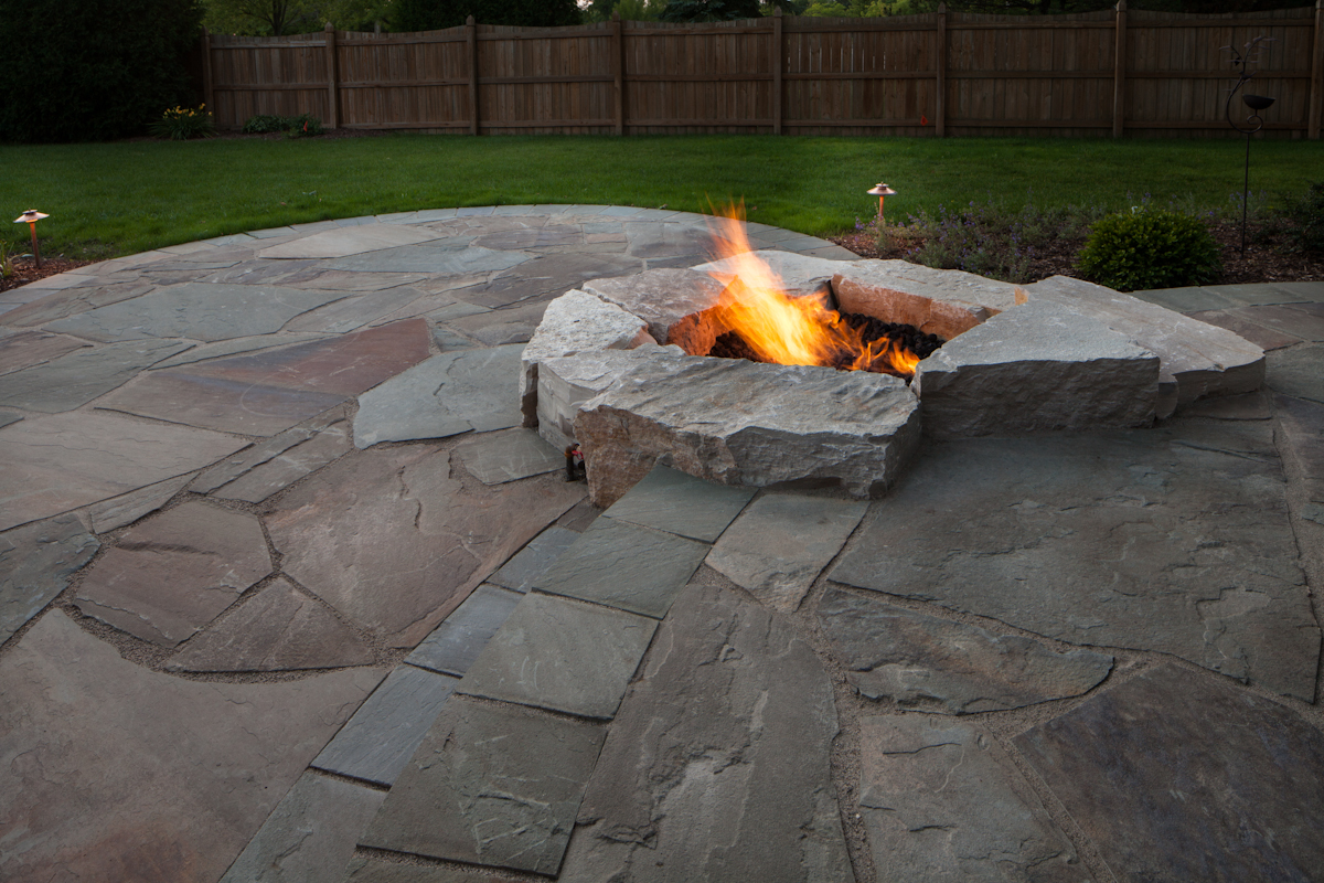 Terraced patio with fire pit